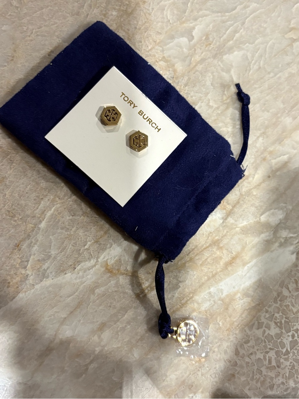 Tory Burch Shiny Gold Round Logo Stud Earrings - Picture 4 of 5